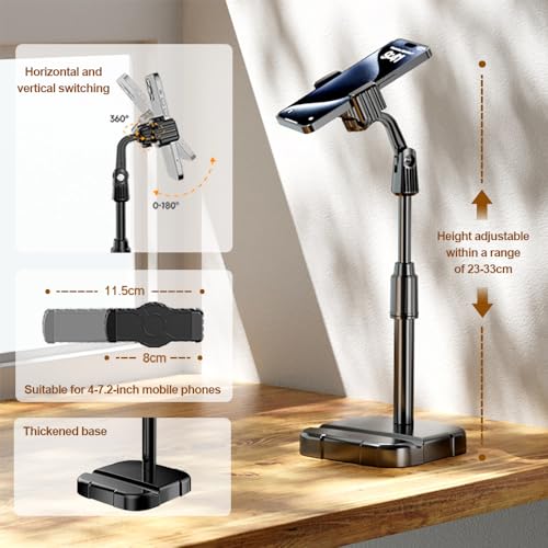 Phone Stand for Desk, Angle Height Adjustable Holder for Desk, Desktop Webcam Mount Compatible, Ergonomic Design, for Smartphone Devices, Office Desk Accessories (Black)