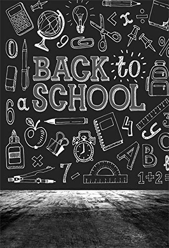 Laeacco Black Back to School Backdrop 5x7ft – Vintage Chalkboard Photo Background with White Chalk Doodles Happy First Day of School Banner for Student Portraits, Classroom Decor & Online Teaching - size: 5x7ft