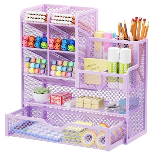 Marbrasse Mesh Pen Holder for Desk, Multi-Functional Pencil Organizer with Drawer, Desk Organizers and Accessories for Office Art Supplies (Purple) - color: Purple