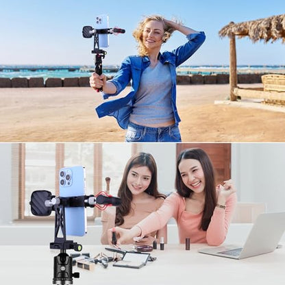 Metal Phone Tripod Mount Extra Deep Clamp with Arca Port Cold Shoe 360°Ball Head Cellphone Tripod Adapter for iPhone Galaxy Smartphone Stand Holder for Vlogging Video Camera Monitor