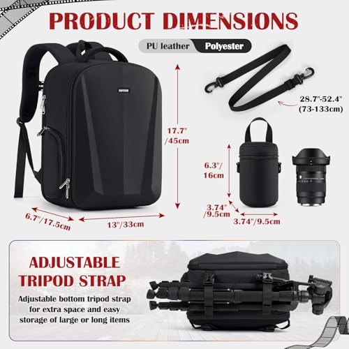 SDYSM Camera Backpack, Hardshell DSLR/SLR Camera Bag with Lens Pouch & 15.6" Laptop Compartment Waterproof Camera Case with Rain Cover Photography Backpack Compatible for Canon/Nikon/Sony/Drone Black - color: Black