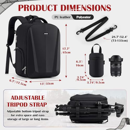 SDYSM Camera Backpack, Hardshell DSLR/SLR Camera Bag with Lens Pouch & 15.6" Laptop Compartment Waterproof Camera Case with Rain Cover Photography Backpack Compatible for Canon/Nikon/Sony/Drone Black - color: Black