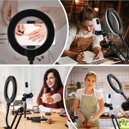 Overhead Camera Mount with 6‘’ Ring Light, Desk Tripod, Flexible 360° Adjustable Articulating Phone Arm Stand Compatible for, Video Recording, TikTok, Live Stream