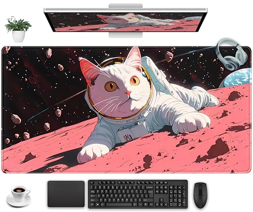 Cat Desk Mat Full Desk Mouse Pad Gaming Mat XXL, Fun Desktop Mats Computer Keyboard Pad Extra Large Mouse Mat, Laptop Mat with Stitched Edges, Office & Home Decor for Women 31.5" x 15.7" - color: Astronaut Cat