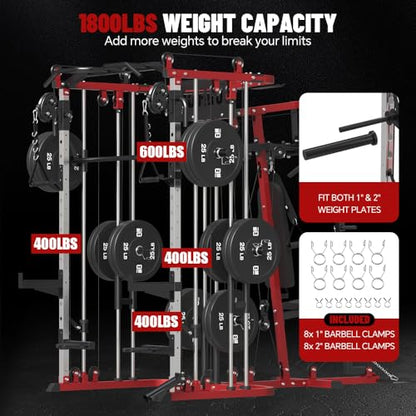 All in One Home Gym System Workout Station, Multi-Function Smithe Machine Power Cage with Cable Crossover System, Tripe-Sided Independent Load Posts, Functional Trainer for Full Body Training - color: Red, style: Home Gym Station with Weight Bench (9001)