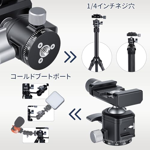 Mini Ball Head with Cold Shoe Mount, 360° Panoramic Tripod Head Aluminum Alloy Camera Mount, Arri-Style Quick Release Plate, 1/4" to 3/8" Screw Adapter for DSLR Mirrorless Camera, Vlog, 170g