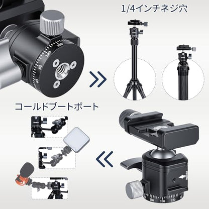 Mini Ball Head with Cold Shoe Mount, 360° Panoramic Tripod Head Aluminum Alloy Camera Mount, Arri-Style Quick Release Plate, 1/4" to 3/8" Screw Adapter for DSLR Mirrorless Camera, Vlog, 170g