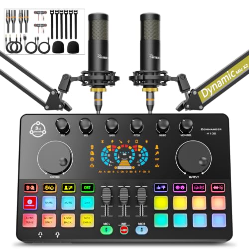 Podcast Equipment Bundle for 2, Audio Mixer with XLR Dynamic Microphone, Voice Change,RGB for Vocal Recording Podcasting,Streaming Singing TikTok, PC, Smartphone COMMANDER M100 3rd - color: HS-M100-2D