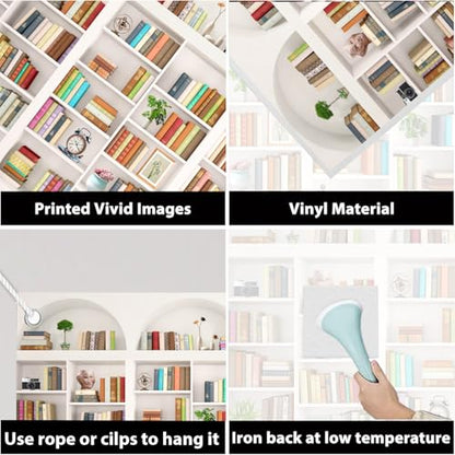 White Library Bookshelf Photo Backdrop, Modern Theme, 7x5FT | Zoom Background for Home Office, Vinyl, for Video Conference, Recording, Book Party Decor