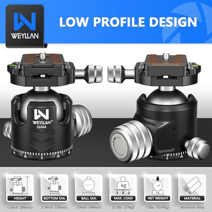 Tripod Head 44mm Low Profile Ball Head, WEYLLAN DH44 360 Degree Metal Panoramic Camera Ball Head Mount with Two Quick Release Plates, Arca Ballhead for Tripod Monopod DSLR Camera Max Load 55lbs/25kg - size: 44mm