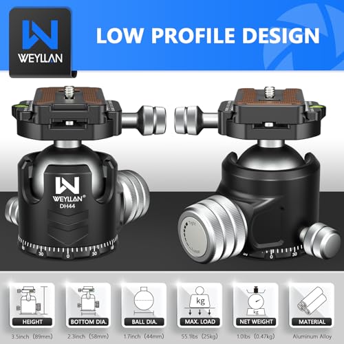 Tripod Head 44mm Low Profile Ball Head, WEYLLAN DH44 360 Degree Metal Panoramic Camera Ball Head Mount with Two Quick Release Plates, Arca Ballhead for Tripod Monopod DSLR Camera Max Load 55lbs/25kg - size: 44mm