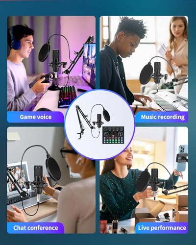 Podcast Equipment Bundle for 1, Studio Recording Kit with Condenser Mics, Bluetooth Sound Card, DSP Effects, Real-Time Monitoring, Plug & Play for Streaming, Singing, Gaming, (Black, 2 Packs)
