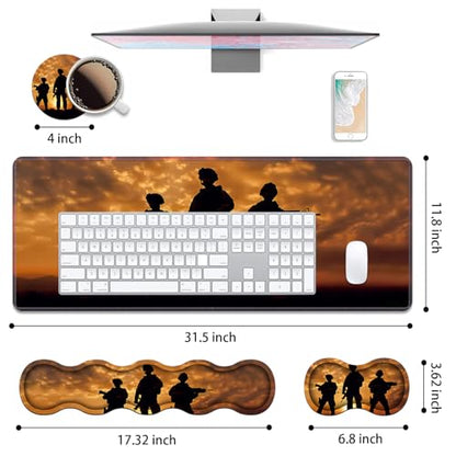 4 in 1 Ergonomic Keyboard Wrist Rest & Mouse Pad Wrist Rest Set, Large XXL Gaming Desk Mat 31.5"x 11.8" with Non-Slip Base, Memory Foam for Home Office Study Gaming, American Soldiers - color: American Soldiers
