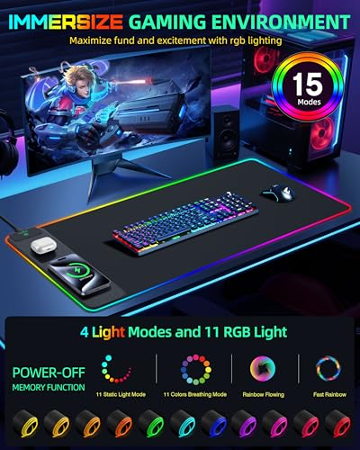 Mouse Pad with Wireless Charging, RGB Gaming Desk Mat, 31.5"x15.7" Large XXL Desk Pad, 15 Lighting Modes, Non-Slip Mouse Mat, Waterproof Computer Keyboard Pad, Black with 20W PD Power Adapter - color: Rgb - 31.5"x15.7" (20w Pd Adapter)