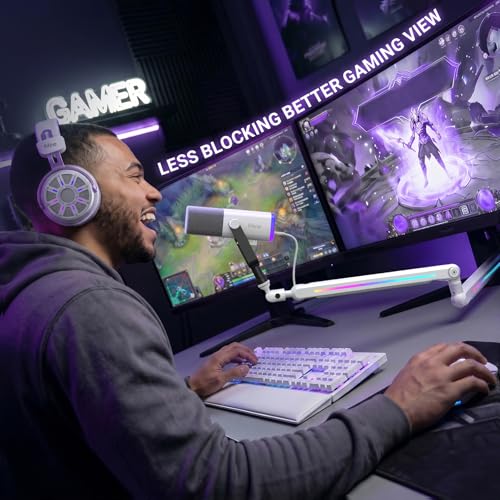 FIFINE RGB Microphone Boom Arm, Low Profile Rotatable Desk Mount Microphone Stand with Cable Management for Podcast, Streaming, Gaming, Studio-BM88ProW - color: white