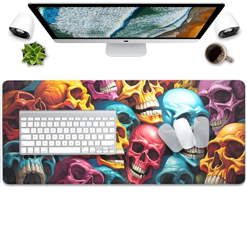 Scary Skeleton Mouse Pad Desk Pad,Colourful Skull Extended Gaming Mouse Mat with Stitched Edges Non-Slip Waterproof Rubber Base Mous Mat for Office Home Game Desk Pad(27.5X11.8 in) - color: Scary Skull Skeleton