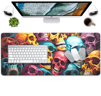 Scary Skeleton Mouse Pad Desk Pad,Colourful Skull Extended Gaming Mouse Mat with Stitched Edges Non-Slip Waterproof Rubber Base Mous Mat for Office Home Game Desk Pad(27.5X11.8 in) - color: Scary Skull Skeleton