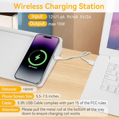Small Glass Desktop Whiteboard Dry Erase Board with Wireless Charger Station - Computer Pad Keyboard Stand with Organizer for Home, School, Office Desk Accessories