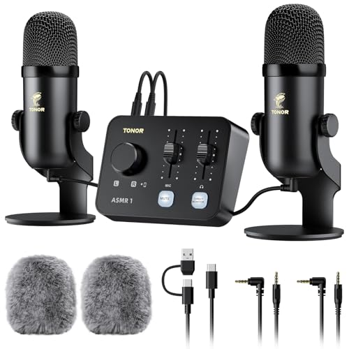 TONOR ASMR Microphone Equipment Bundle with Audio Interface, Immersive 3D Stereo Audio, Dual Condenser Mics with Audio Mixer, Clear Sound, Volume Control, with Furry Windscreens, Set for ASMR, Black - color: Black