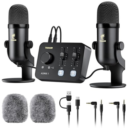 TONOR ASMR Microphone Equipment Bundle with Audio Interface, Immersive 3D Stereo Audio, Dual Condenser Mics with Audio Mixer, Clear Sound, Volume Control, with Furry Windscreens, Set for ASMR, Black - color: Black