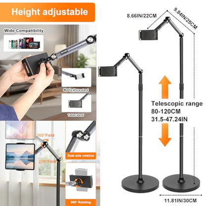 66“ Floor stand articulating arm with adjustable , Minimalist Design, Space-Saving, Highly Flexible,For Watching/Stream/Recording ON Bed&Couch, for iPad Pro 12.9”/Kindle/iPhone,4.5-13” Tablet/Phone