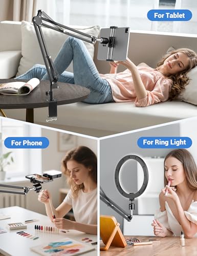 Overhead Camera Mount, Desk Camera Mount with 360° Adjustable Arm and Phone Holder for DSLR Cameras/iPhone/Webcam/Ring Light, Desk Phone Stand for Video Recording,Zoom Meeting,YouTube,TikTok