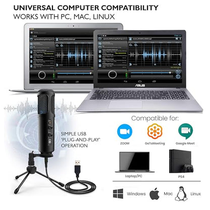JOVIAL USB PC Recording Condenser Microphone - Blue LED, Adjustable Gain, Headphone Jack, Mute Control, Tripod Stand - Portable Pro Audio Condenser Desk Mic for Podcast Streaming Gaming