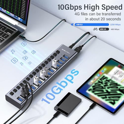 Powered USB 3.2 Hub, ACASIS 16 Ports USB 3.2 Hub with 10Gbps Data Speed，Aluminum Housing, USB Hub Powered with 96W Power Adapter, USB Hub for PC/Laptop, Computer, Flash Drive, Printer, Camera - size: 16 ports