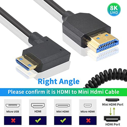 Duttek 8K Mini HDMI to HDMI Coiled Cable, 48Gbps Ultra Thin Right Angled Mini HDMI Male to HDMI Male Cable for Projector, Monitor, Camcorder 4FT/1.2M - style: Right Angle Mini hdmi Male to HDMI Male