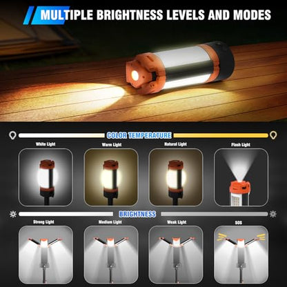 AKOFUN 12000mAh Camping Light with Stand, Rechargeable Work Light, 10000 Lumen Dimmable Cordless Work Light with 3 LED Lamp Heads, Magnetic Emergency Flashlight with 79" Detachable Tripod