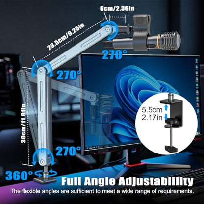 Microphone Boom Arm, Magic Arm Mount with 2 Mic Clips, Professional Desk Mic Stand Adjustable Articulating Bracket, 1/4 & 3/8 Thread Adapter for Podcasting, Streaming & Recording