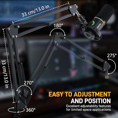 MAONO Boom Arm Microphone Stand with XLR Cable: Adjustable Metal Suspension Mic Boom Arm Kit for Podcast Gaming Streaming Recording,with Desk Clamp and 3/8"to5/8"Screw Adapter(BA20+XLR-180)