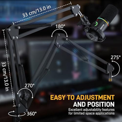 MAONO Boom Arm Microphone Stand with XLR Cable: Adjustable Metal Suspension Mic Boom Arm Kit for Podcast Gaming Streaming Recording,with Desk Clamp and 3/8"to5/8"Screw Adapter(BA20+XLR-180)