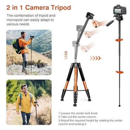 Tripod for Camera, 72" Tall Camera Tripod & Monopod with Remote, Professional Heavy Duty Compact Camera Stand for Phone, DSLR, Spotting Scope, Telescope, Binocular - color: Orange