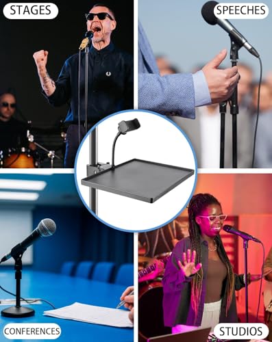 BILIONE Mic Stand Tray with Gooseneck Phone Holder, 10.6" X 7.8" Microphone Stand Tray Crab Clamp On Music Stand Floor Shelf Pole Mount, Karaoke Accessories - style: Tray with Phone Holder