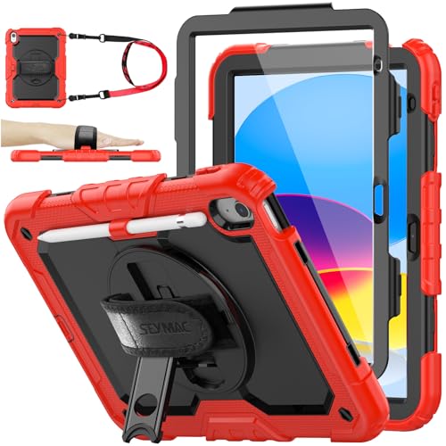 SEYMAC stock Case for iPad (A16) 11th/10th Generation 11''/10.9'' 2025/2022, Full-Body Drop Protection Case with Screen Protector &360° Rotate Hand Strap/Stand, Black+Red - color: Black+Red, size: Case for iPad (A16) 11th/10th Generation 11/10.9''