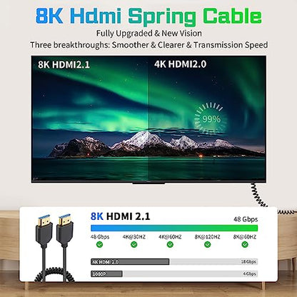 Duttek 8K Coiled HDMI Cable 3FT-8FT, HDMI Coild Cable 48Gbps, Extreme Thin HDMI Male to Male Cable 8K@60Hz Compatible with Monitor, Laptop, UHD TV, PC - style: HDMI Male to Male 8FT/2.5M