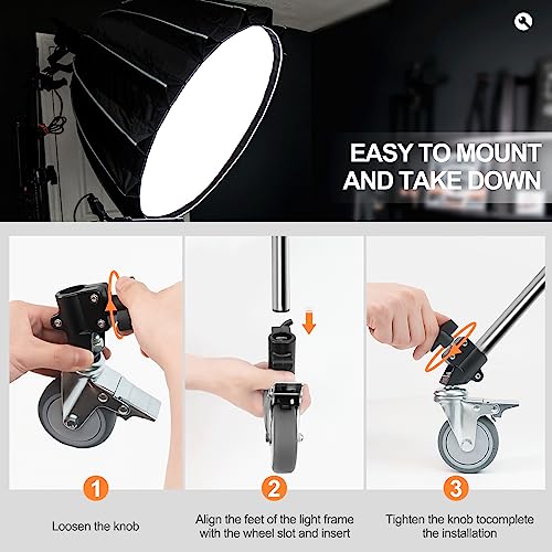 Wellmaking 3-Pack Professional Swivel Caster Light Stand Wheel Sets, Durable Metal Construction and Rubber Base, for Studio Photography Video Shooting