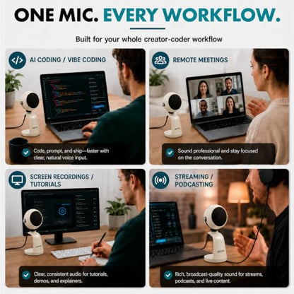 Movo WebMic USB Dictation Microphone in White – Cardioid for Vibe Coding | Cardioid Pickup Rejects Background Noise For Accurate Dictation. Gain Knob, Headphone Out, Mute. Desktop Stand, No Drivers. - color: Pearl White
