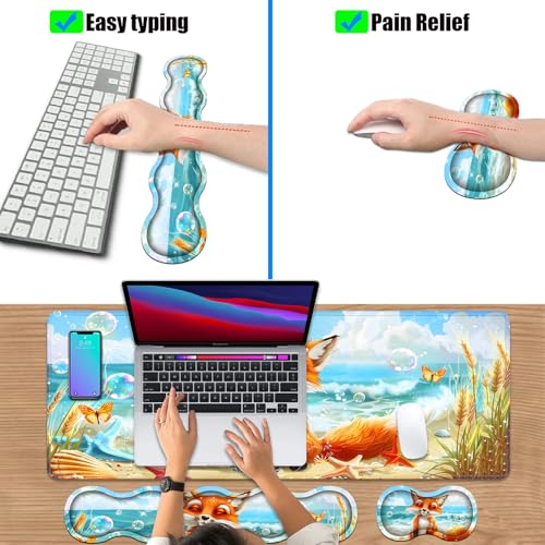 4 in 1 Ergonomic Keyboard Wrist Rest & Mouse Pad Wrist Rest Set, Large XXL Gaming Desk Mat 31.5"x 11.8" with Non-Slip Base, Memory Foam for Home Office Study Gaming, Fox - color: Fox