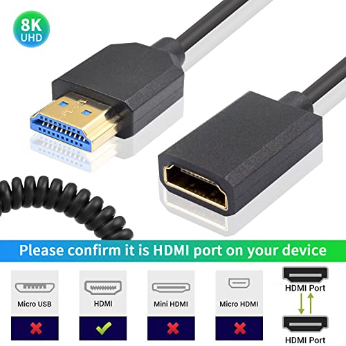 Duttek 8K Coiled HDMI Extension Cable, Extreme Thin HDMI Male to Female Coiled Cable 48Gbps Ultra High Short HDMI Cable 8K@60Hz Resolution Backward Compatible for 4K Ultra HD, 1080p 4FT/1.2M - style: HDMI Male to Female