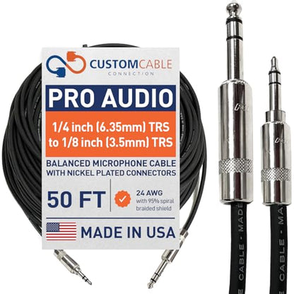 Custom Cable Connection 50 Foot Pro Audio 1/4 inch (6.35mm) TRS to 1/8 inch (3.5mm) TRS Balanced Cable - size: 50 Foot