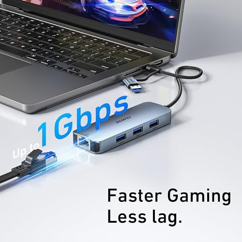 BENFEI USB-C to Gigabit Ethernet Adapter with 3-Port USB 3.0 Hub, RJ45 Network Adapter Compatible with MacBook Pro/Air, iPad Pro, iMac, Galaxy S23, XPS 17, Surface Book 3 - style: USB sideways