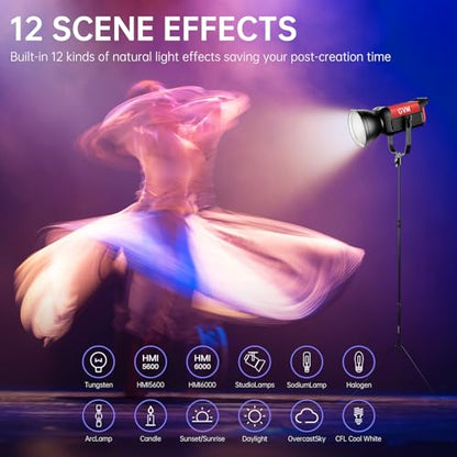 GVM 300C RGB Video Light, 300W Studio Light 2000K-10000K,48,200 Lux@ 1m with Reflector Photography Lighting with Bowens Mount & DMX Control, Studio Light for Film Recording,16 Lighting Effects - size: 300W
