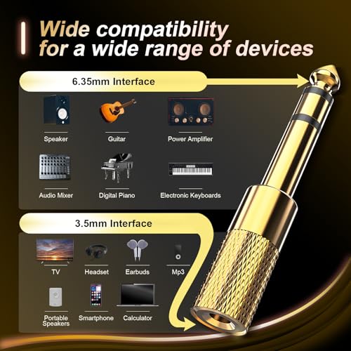 3-Pack 6.35mm Male to 3.5mm Female (1/4 in to 1/8 in) Stereo Headphone Adapter, Audios Jack Adapter, Thickened Gold Plated Hi-Fi for Auxiliary Cables, Amplifiers, Guitars, Digital Pianos.