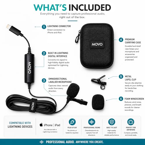 Movo LV1-DI Lavalier Microphone for iPhone & iPad – MFi Certified Lightning Clip-On Mic – 20ft Cable – for YouTube, TikTok, Podcasts, Interviews & Vlogging