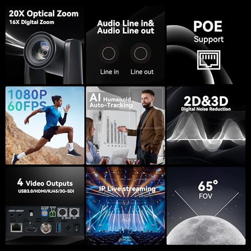 TONGVEO AI Auto-Tracking PTZ Camera: 20X Optical Zoom 1080P 60fps HDMI SDI USB PoE Video Camera for Church Worship Live Streaming, Conference Room Webcam for OBS - color: Ink