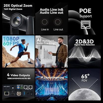 TONGVEO AI Auto-Tracking PTZ Camera: 20X Optical Zoom 1080P 60fps HDMI SDI USB PoE Video Camera for Church Worship Live Streaming, Conference Room Webcam for OBS - color: Ink