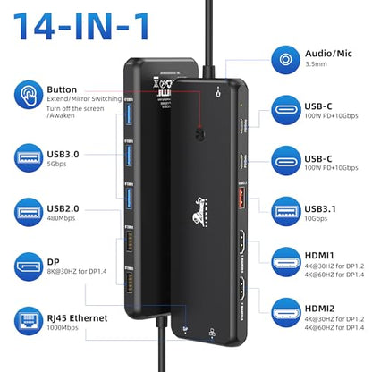 LIONWEI USB C Docking Station Dual Monitor 13 in 1 USB C Hub, Triple Display, 8 USB C/A Ports, Ethernet, Audio, Laptop Dock for MacBook,Dell,HP,Lenovo,Surface - color: 13-in-1 Black