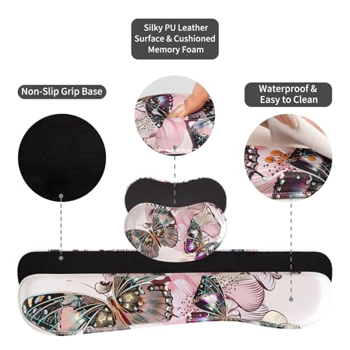 QIYI Leather Desk Mat Set, 4-in-1 Large Mouse Pad with Ergonomic Wrist Rest, Waterproof Desk Pad + Keyboard Wrist Rest + Mouse Wrist Support + Coaster, Non-Slip Office Gaming Accessories, Butterflies - color: Floral Butterflies